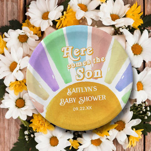 Hier komt het Son Retro Boys Baby shower Papieren Bordje
