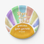 Hier komt het Son Retro Boys Baby shower Papieren Bordje (Voorkant)