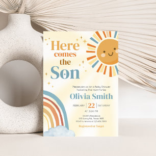 Hier komt het Son Retro Sunshine Baby shower Kaart