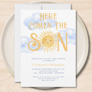 Hier komt het Son Sun Clouds Baby shower Kaart