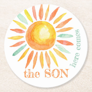 Hier komt het Son Sun Waterverf Baby shower Ronde Kartonnen Onderzetter