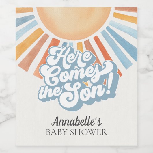 Hier komt het Son Sunshine Boy Baby shower Wijn Etiket (Enkel label)
