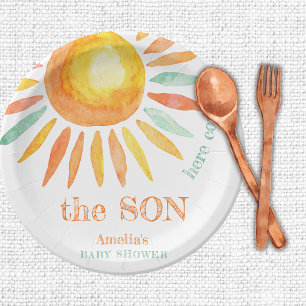 Hier komt het Son Waterverf Sun Baby shower Papieren Bordje