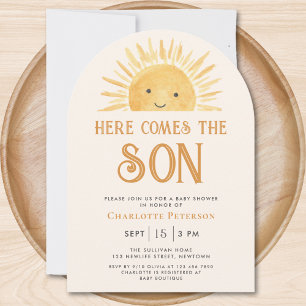 Hier komt het Son Yellow Sunshine Baby shower Kaart