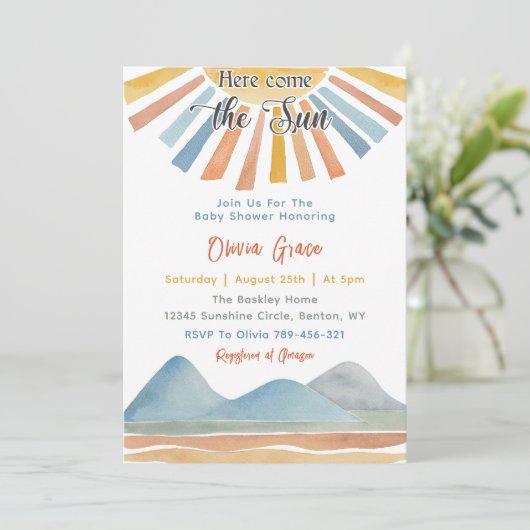 Hier komt het Sun Retro Rainbow Baby shower Kaart (Staand voorkant)