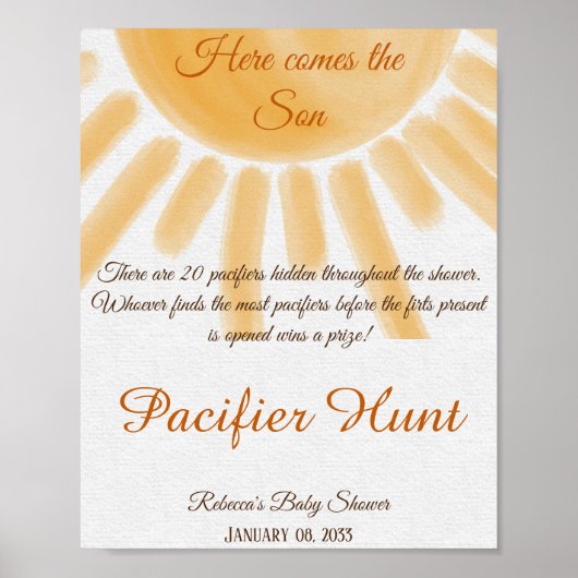 Hier komt het Sunshine Baby shower Pacifier Hunt G Poster (Voorkant)