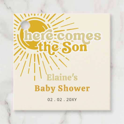 Hier komt het zoontje boho retro baby shower bedankjes labels (Voorkant)