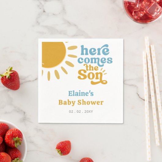 Hier komt het zoontje boho retro baby shower servet (Insitu)
