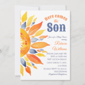 Hier komt Zoon Sunshine Blue Ray Boy Baby shower Kaart (Voorkant)