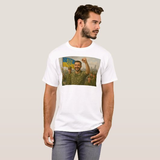 Hier neemt President Volodymyr Zelensky het op teg T-shirt (Voorkant volledig)