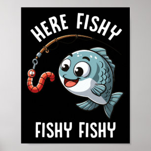 Hier Vist Fishy Funny Worm Schattigee visvisser Poster