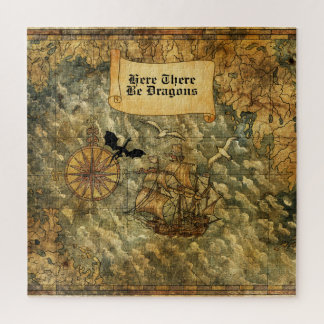 Hier Zijn Draken Kaart in Vintage-Stijl Legpuzzel