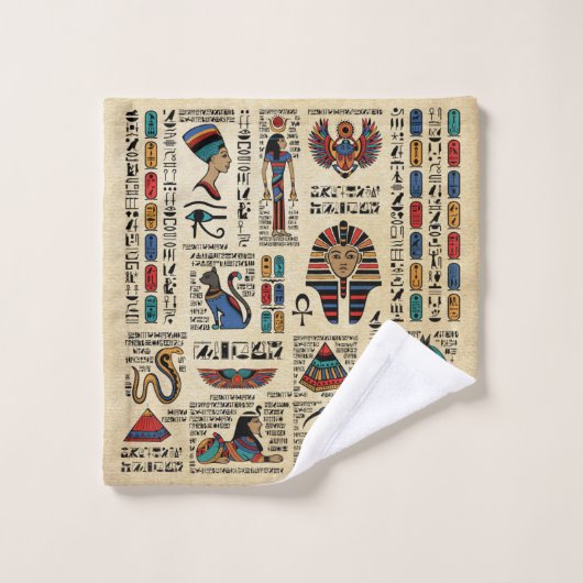 Hiéroglyphes et divinités égyptiens sur papyrus (Gant de toilette)