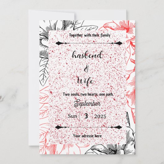 High-Contrast Red Speckle & Black Line Art Floral Kaart (Voorkant)