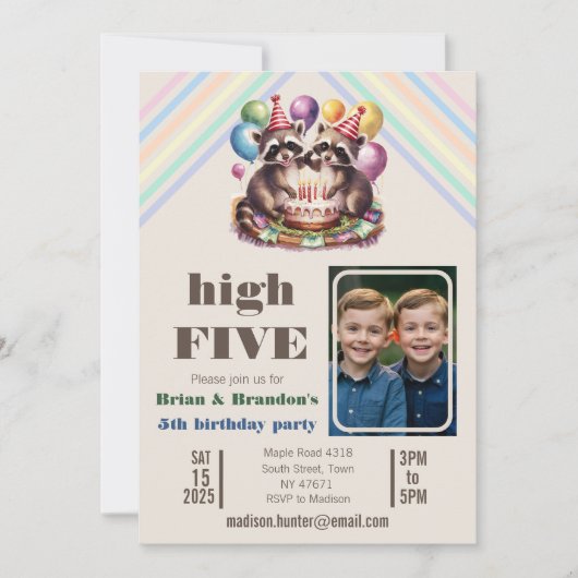 High Five Verjaardagsfeest Tweelingen Mapache them Aankondiging (Voorkant)