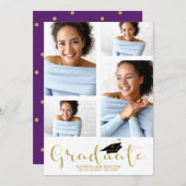 High School 4 Photo Gold Glitter Afstudeerder Aank Aankondiging (Voorkant / Achterkant)