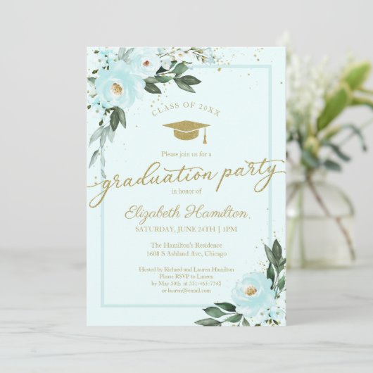 High School Afstudeerder Party Goud Blauwgroen Blo Kaart (Staand voorkant)