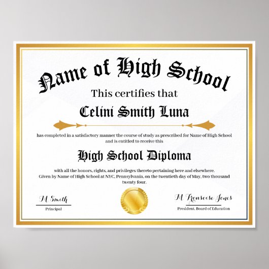 High School Diploma Replica Poster - Fake Gold Zee (Voorkant)