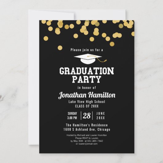 High School Graduation Party Black Gold Confetti Kaart (Voorkant)