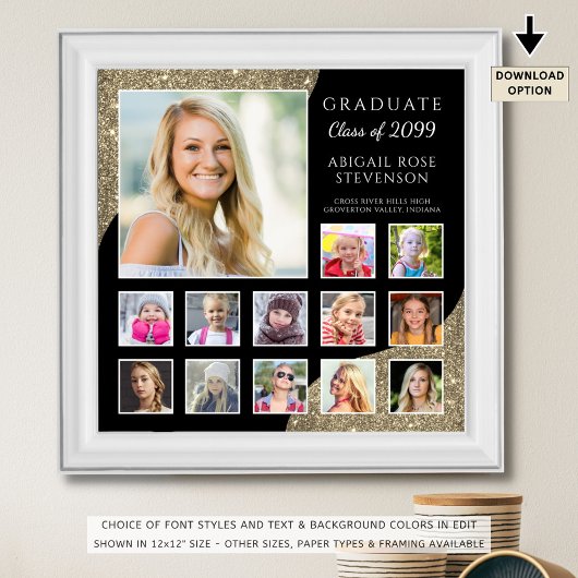 High School K-12 Fotocollage Zwart Goud Glitter Poster