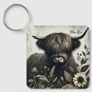Highland Bull met zonnebloem Sleutelhanger