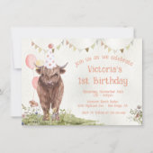 Highland Cow 1st Birthday Party Invitation (Devant)