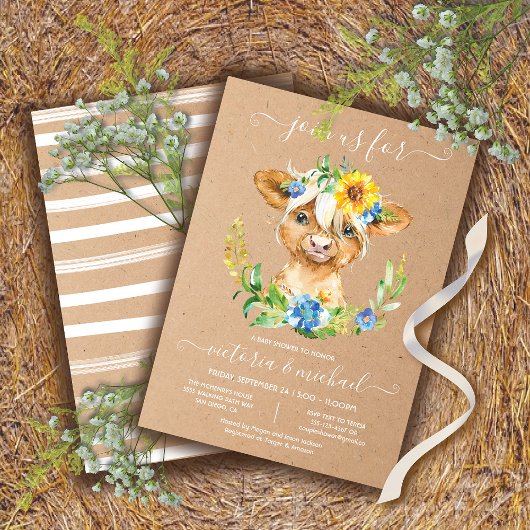 Highland Cow Baby shower Floral Invitation