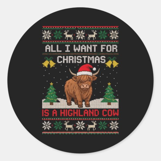 Highland Cow Christmas Ugly Sweater Style Festive  Ronde Sticker (Voorkant)