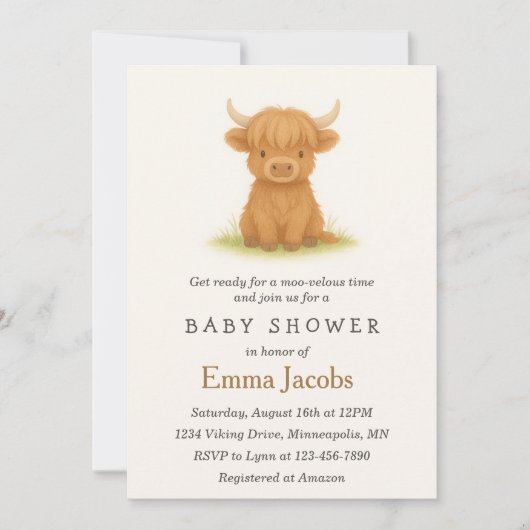 Highland Cow Genre Neutre Baby shower Invitation (Devant)