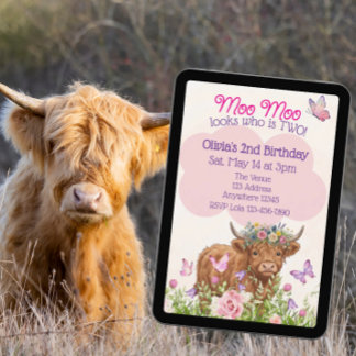 Highland Cow Moo Moo Two 2nd Birthday Kaart