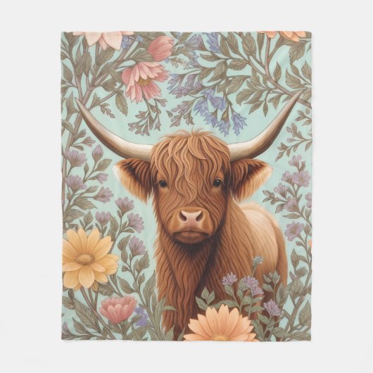 Highland Cow Pastel William Morris Inspired Floral Fleece Deken (Voorkant)
