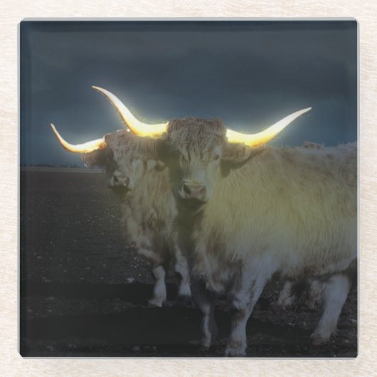 Highland Cows Glowing In The Dark, Glass Coaster Glazen Onderzetter (Voorkant)