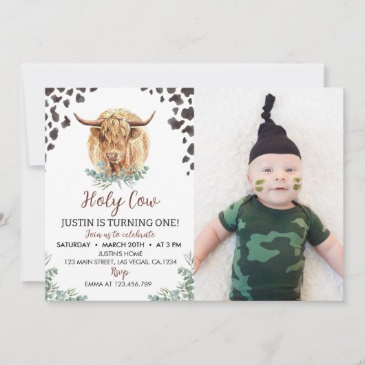 Highland Koe 1e verjaardagsuitnodiging Kaart (Voorkant)