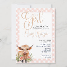 Highland koe Bloemen en Roze Gingham baby shower