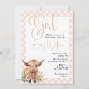 Highland koe Bloemen en Roze Gingham baby shower Kaart