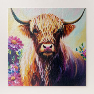 Highland Koe Bloemen Multicolor Art Legpuzzel