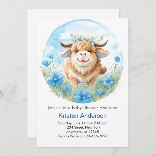 Highland Koe Blue Bash Boy Baby shower Kaart (Voorkant / Achterkant)