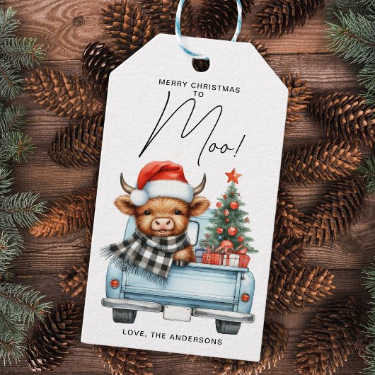 Highland Koe Blue Truck Vrolijk Kerstfeest Cadeaulabel