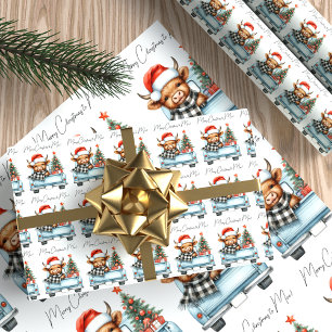 Highland Koe Blue Truck Vrolijk Kerstfeest Inpakpapier Vel