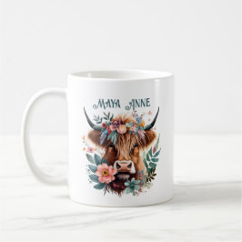 Highland Koe Boho Floral Waterverf Koffiemok