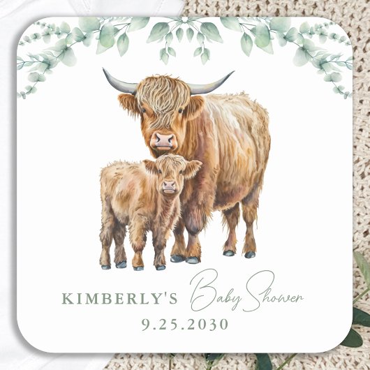 Highland Koe Boho Greenery Sage Baby shower Vierkante Sticker