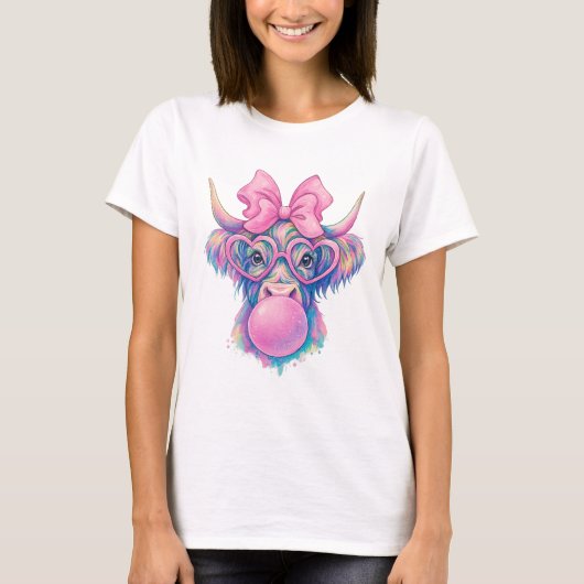 Highland Koe Bubblegum Coquette Holografisch Subli T-shirt (Voorkant)