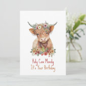Highland Koe Cute Floral Birthday Kaart (Staand voorkant)