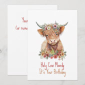 Highland Koe Cute Floral Birthday Kaart (Voorkant / Achterkant)