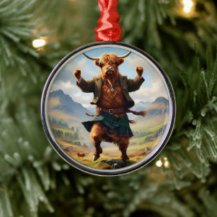 Highland Koe danst de Highland Fling, Metalen Ornament
