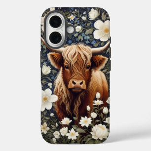 Highland Koe Elegante Witte Bloemen iPhone 16 Hoesje