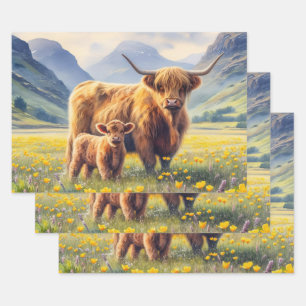Highland Koe en kalf Buttercup Field Decoupage Inpakpapier Vel