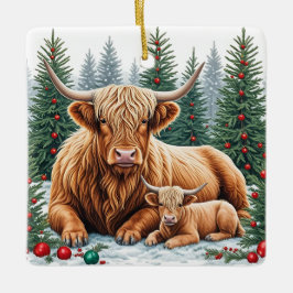 Highland Koe en Kalf Kerstversiering – Gezellige F Keramisch Ornament