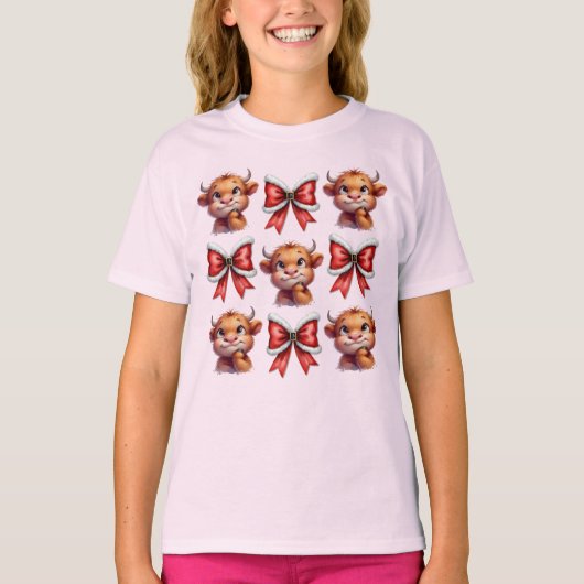 Highland Koe en kerstkoket Bow T-shirt (Voorkant)