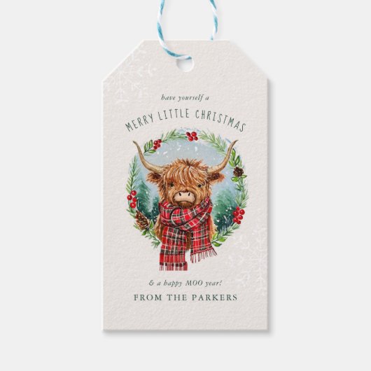 Highland Koe Feestelijk Boerderij Dier Vrolijk Ker Cadeaulabel (Voorkant)